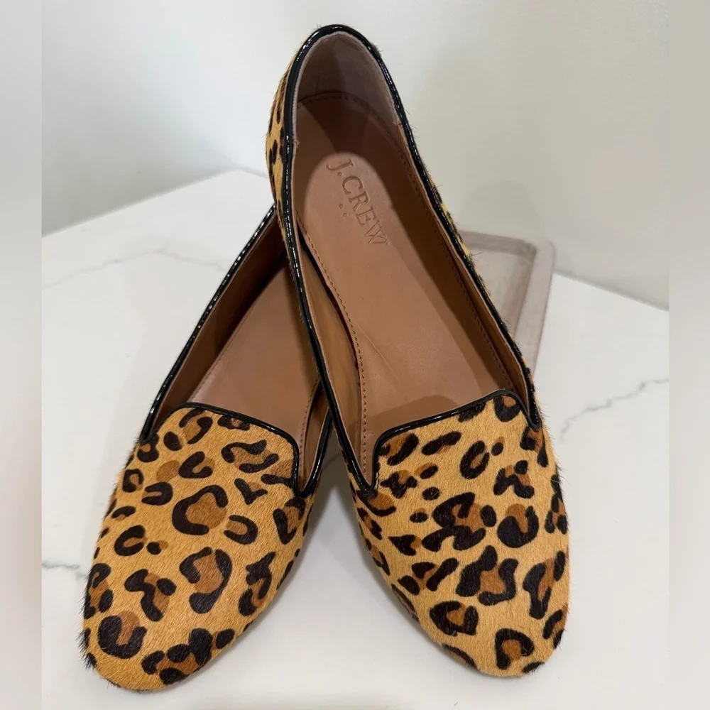 J Crew Shoes Womens 8 Brown Leopard Print Loafers Slip On Calf Hair Animal